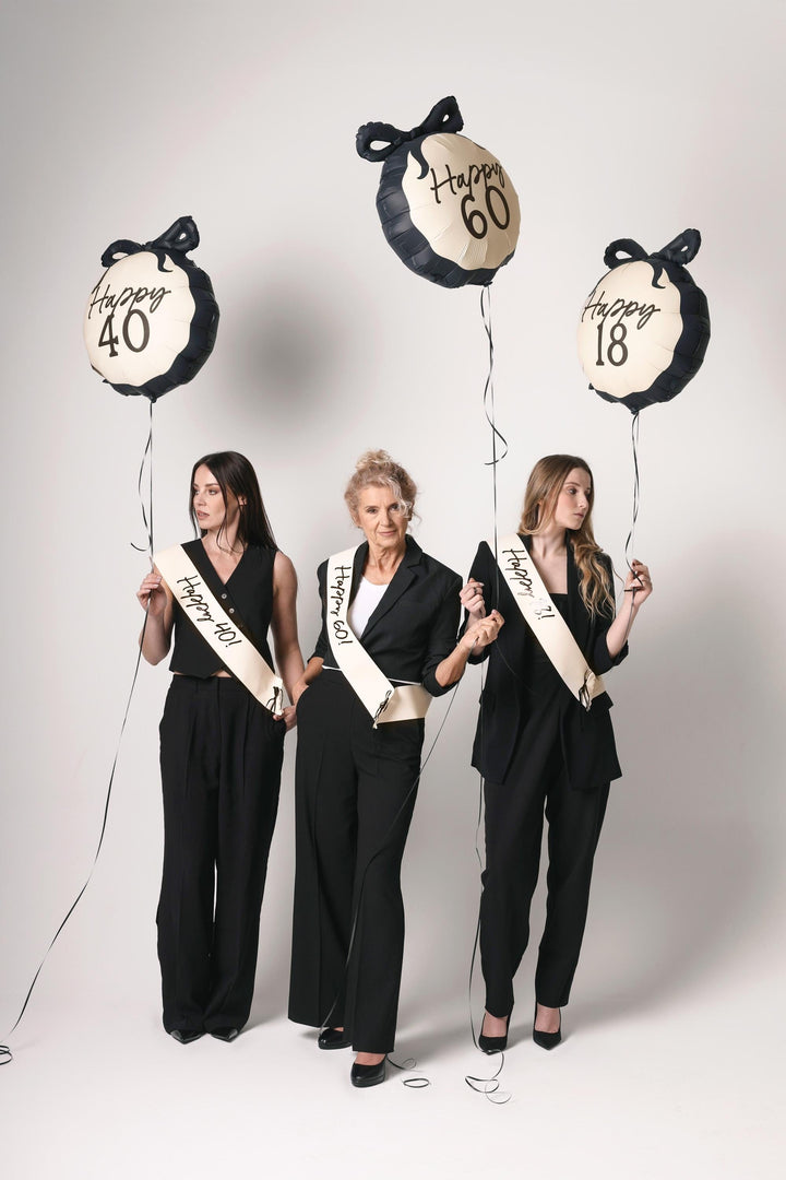 40th Birthday Sash With Velvet Ribbon – Paper Happy 40! Milestone Sash - Black Script - Black and Cream Birthday Accessory for 40th Birthday - Jolie Fete UK