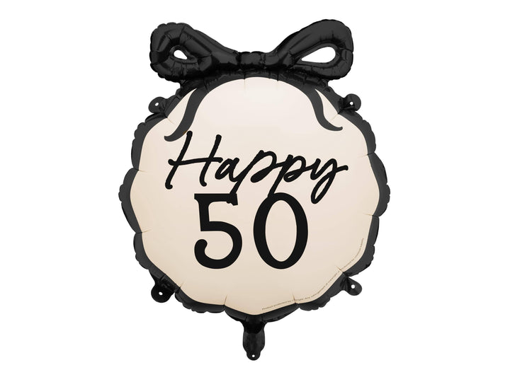 50th Birthday Balloon – Black & Cream Happy 50 Foil Balloon - Coquette Theme With Scallop Edge And Bow - Inflate With Helium Or Air - Jolie Fete UK