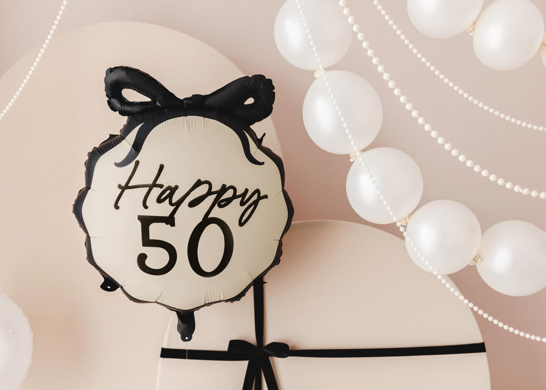 50th Birthday Balloon – Black & Cream Happy 50 Foil Balloon - Coquette Theme With Scallop Edge And Bow - Inflate With Helium Or Air - Jolie Fete UK