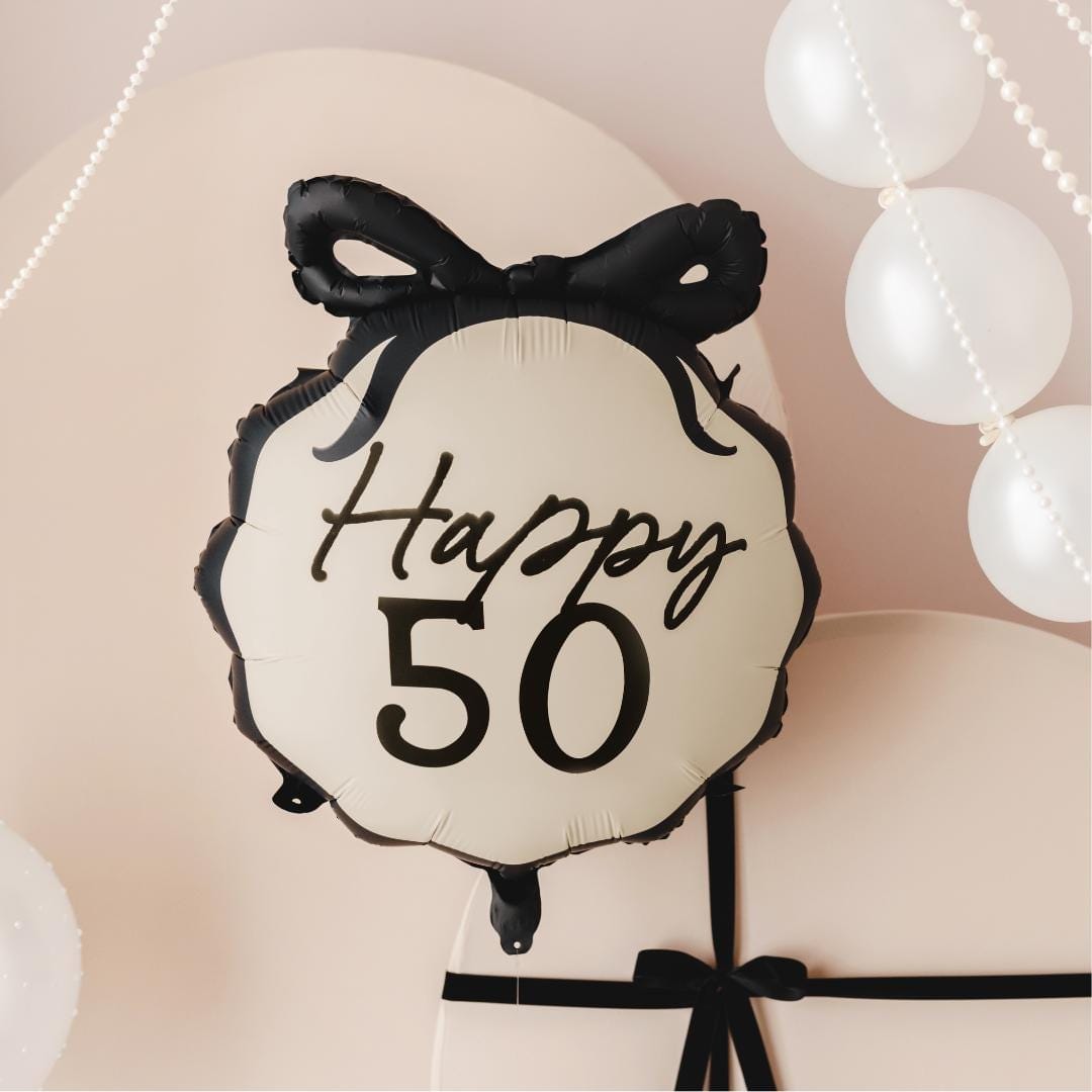 50th Birthday Balloon – Black & Cream Happy 50 Foil Balloon - Coquette Theme With Scallop Edge And Bow - Inflate With Helium Or Air - Jolie Fete UK