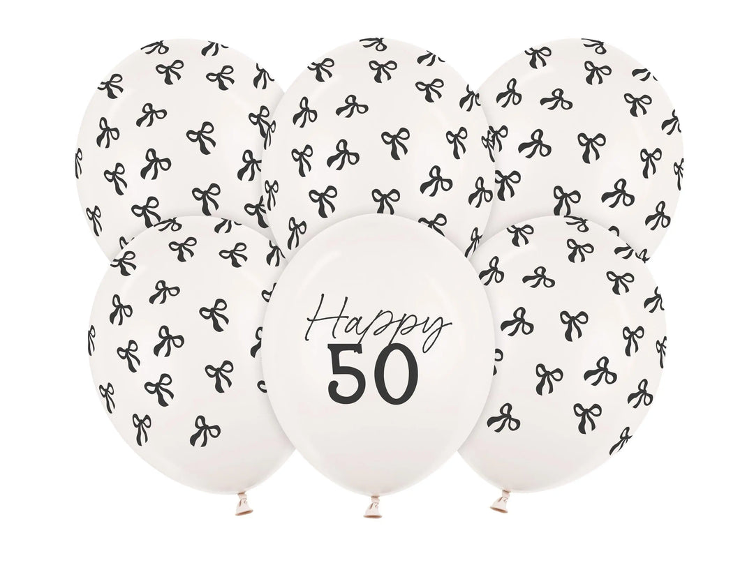 50th Birthday Balloons - Black Bows & Off White Happy 50 Balloon Pack - Coquette Theme - Inflate With Helium Or Air - Pack Of 6 - Jolie Fete UK