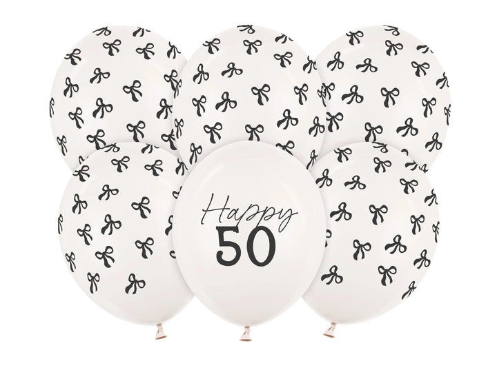 50th Birthday Balloons - Black Bows & Off White Happy 50 Balloon Pack - Coquette Theme - Inflate With Helium Or Air - Pack Of 6 - Jolie Fete UK