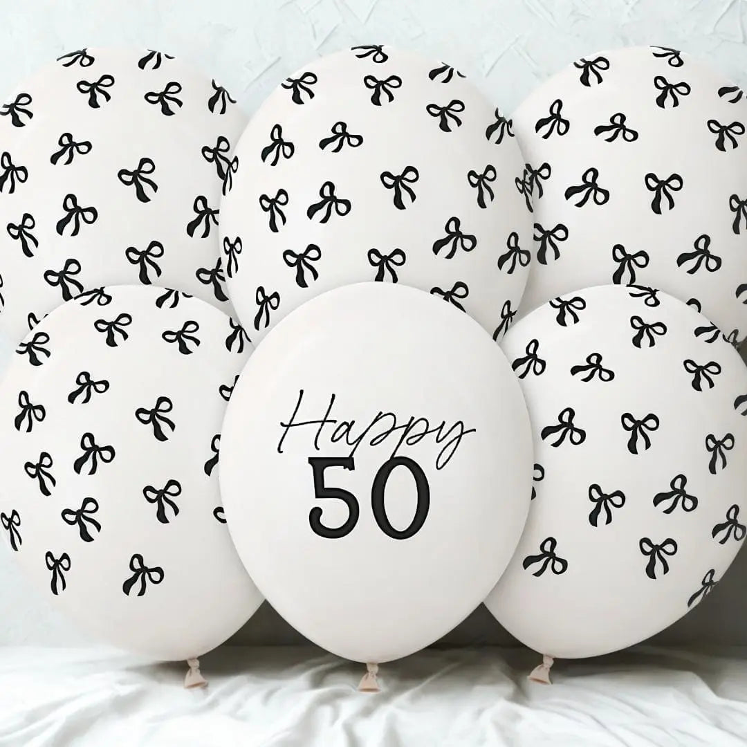 50th Birthday Balloons - Black Bows & Off White Happy 50 Balloon Pack - Coquette Theme - Inflate With Helium Or Air - Pack Of 6 - Jolie Fete UK