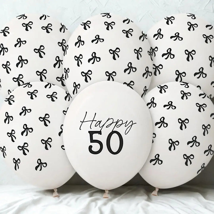 50th Birthday Balloons - Black Bows & Off White Happy 50 Balloon Pack - Coquette Theme - Inflate With Helium Or Air - Pack Of 6 - Jolie Fete UK