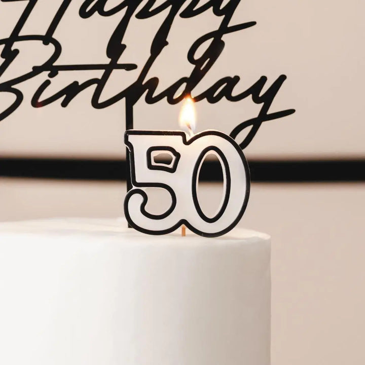 50th Birthday Cake Candle – Milestone Number Candle - Monochrome Black & White - Modern Cake Topper For 50 Birthday Party - Cake Decoration - Jolie Fete UK