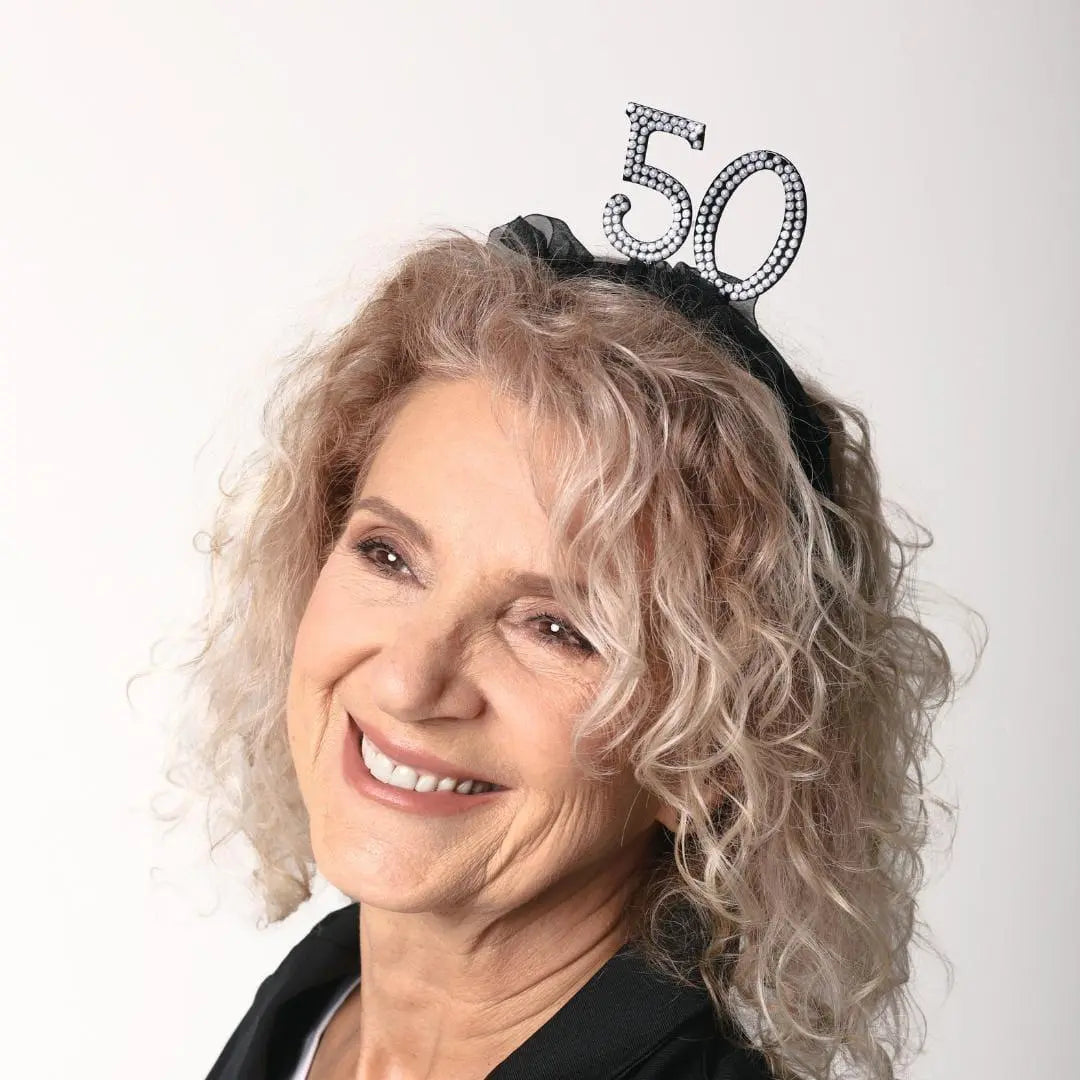 50th Birthday Headband – Black Ruffle Hairband With Pearl 50 - Luxury Birthday Crown for Fiftieth Birthday - Elegant Party Accessory - Jolie Fete UK