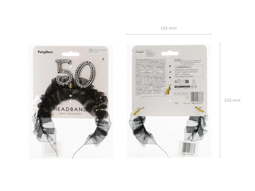 50th Birthday Headband – Black Ruffle Hairband With Pearl 50 - Luxury Birthday Crown for Fiftieth Birthday - Elegant Party Accessory - Jolie Fete UK