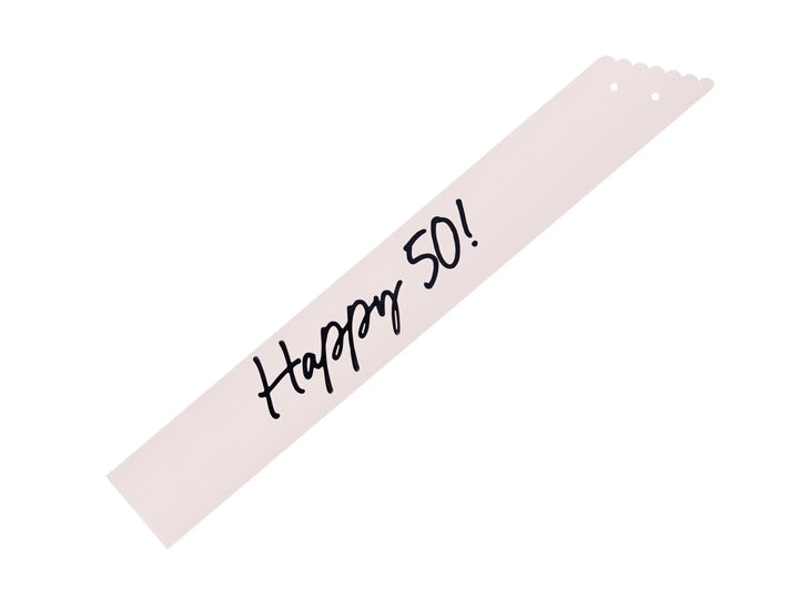 50th Birthday Sash With Velvet Ribbon – Paper Happy 50! Milestone Sash - Black Script - Black and Cream Birthday Accessory for 50th Birthday - Jolie Fete UK