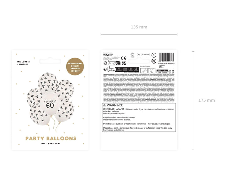 60th Birthday Balloons - Black Bows & Off White Happy 60 Balloon Pack - Coquette Theme - Inflate With Helium Or Air - Pack Of 6 - Jolie Fete UK