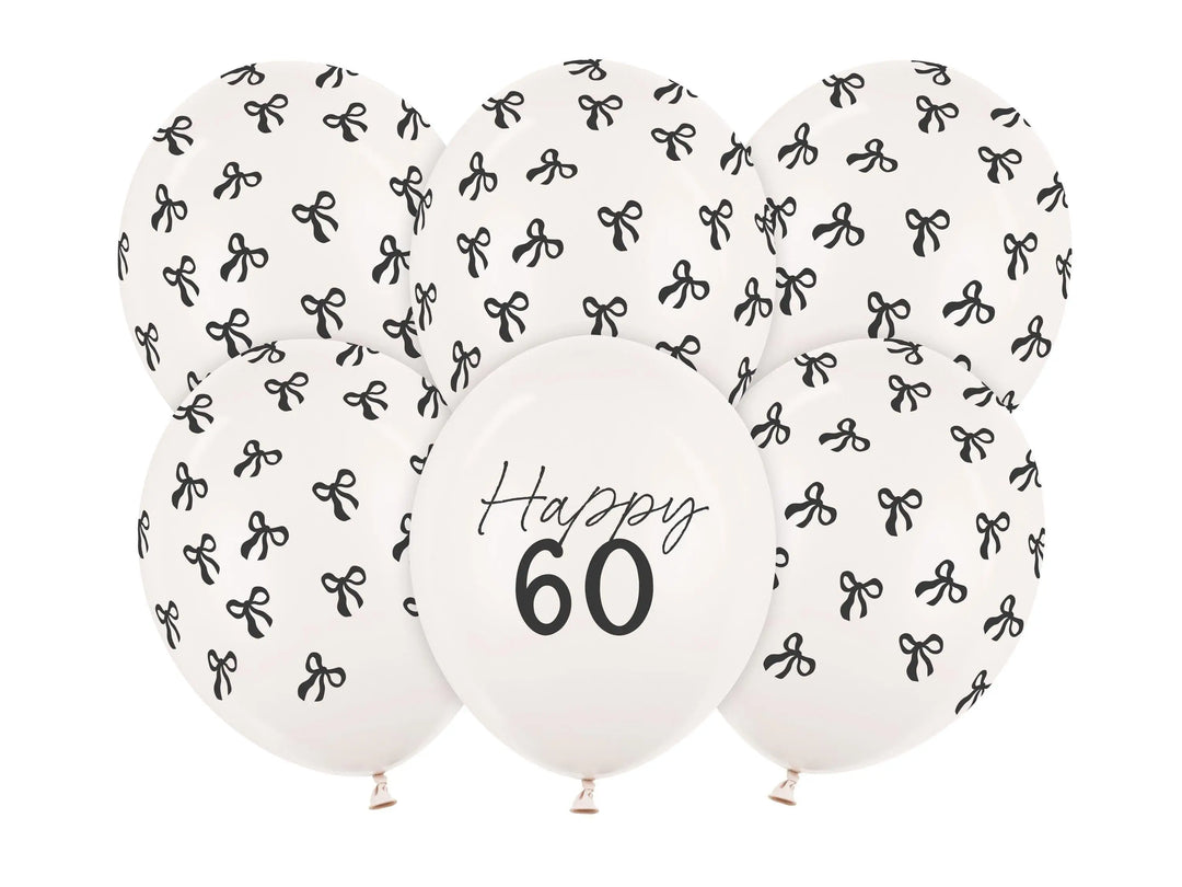 60th Birthday Balloons - Black Bows & Off White Happy 60 Balloon Pack - Coquette Theme - Inflate With Helium Or Air - Pack Of 6 - Jolie Fete UK