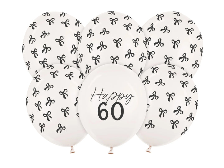 60th Birthday Balloons - Black Bows & Off White Happy 60 Balloon Pack - Coquette Theme - Inflate With Helium Or Air - Pack Of 6 - Jolie Fete UK