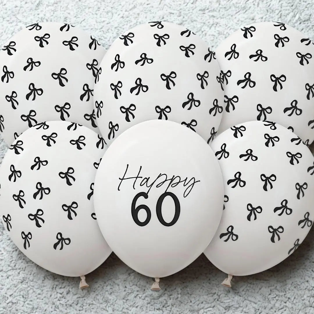 60th Birthday Balloons - Black Bows & Off White Happy 60 Balloon Pack - Coquette Theme - Inflate With Helium Or Air - Pack Of 6 - Jolie Fete UK