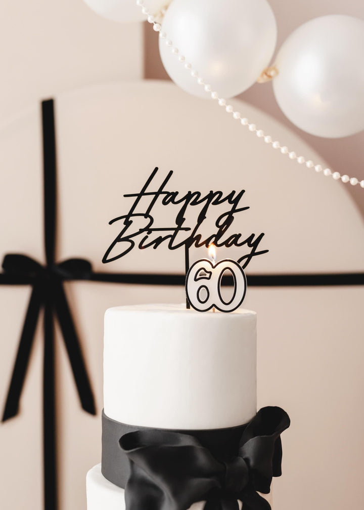 60th Birthday Cake Candle – Milestone Number Candle - Monochrome Black & White - Modern Cake Topper For 60 Birthday Party - Cake Decoration - Jolie Fete UK
