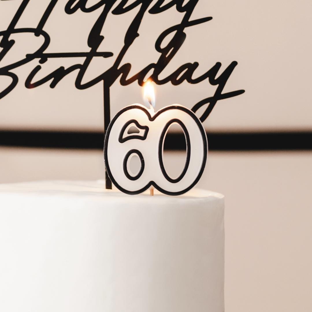 60th Birthday Cake Candle – Milestone Number Candle - Monochrome Black & White - Modern Cake Topper For 60 Birthday Party - Cake Decoration - Jolie Fete UK