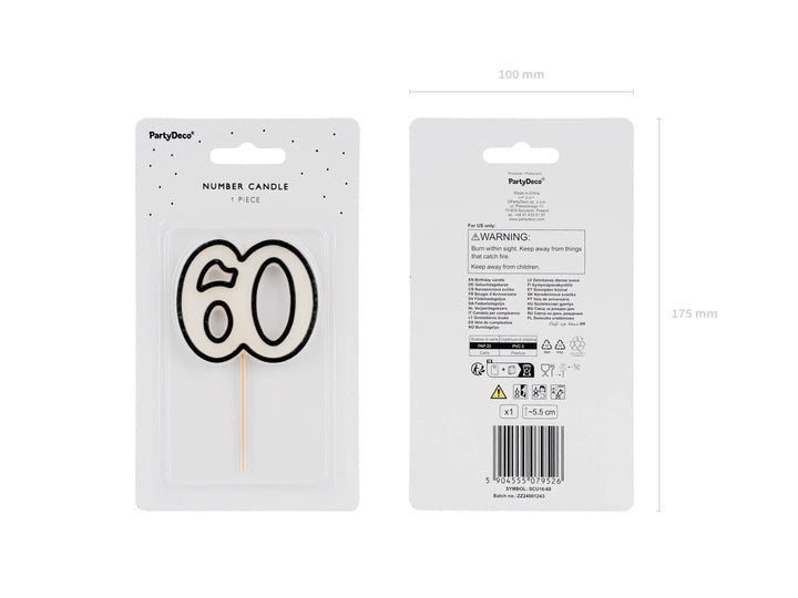 60th Birthday Cake Candle – Milestone Number Candle - Monochrome Black & White - Modern Cake Topper For 60 Birthday Party - Cake Decoration - Jolie Fete UK
