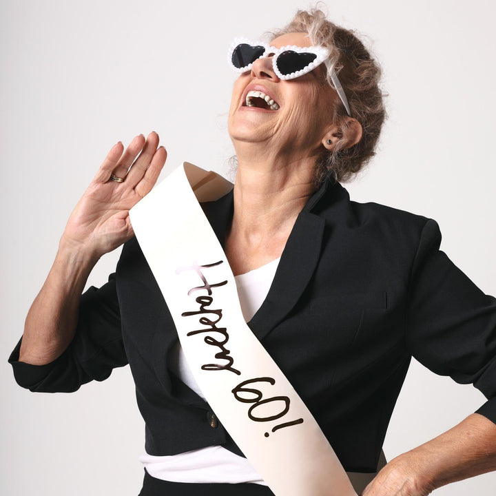 60th Birthday Sash With Velvet Ribbon – Paper Happy 60! Milestone Sash - Black Script - Black and Cream Birthday Accessory for 60th Birthday - Jolie Fete UK