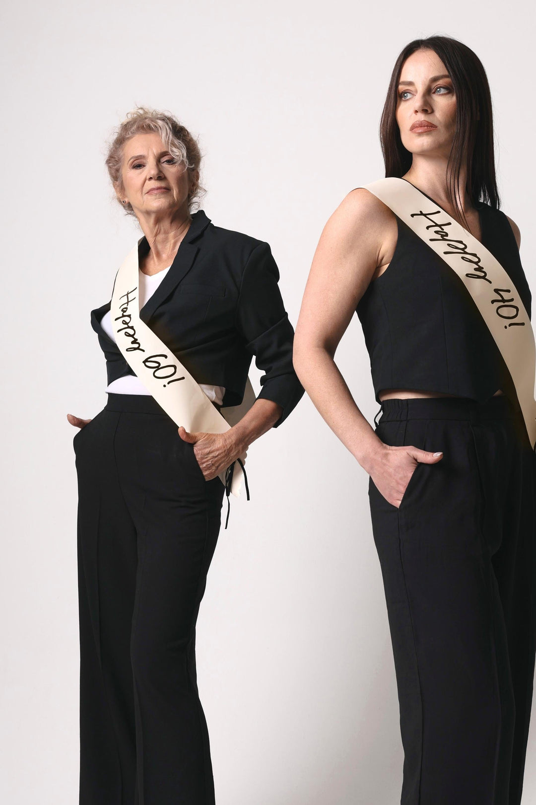 60th Birthday Sash With Velvet Ribbon – Paper Happy 60! Milestone Sash - Black Script - Black and Cream Birthday Accessory for 60th Birthday - Jolie Fete UK