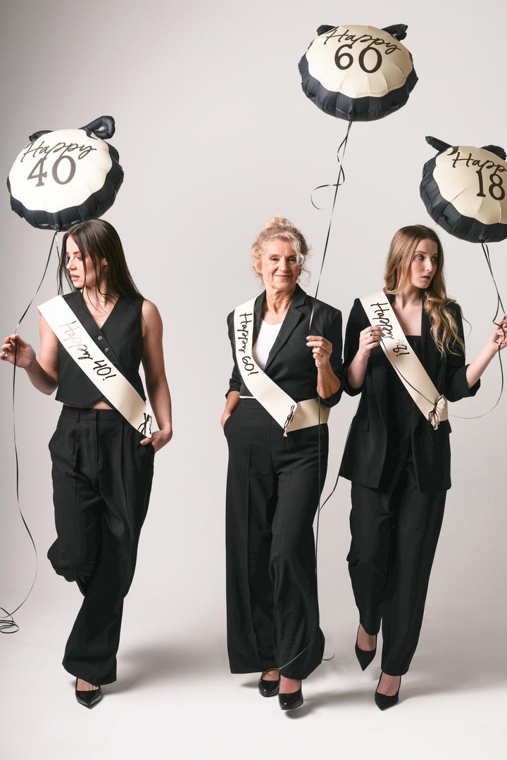 60th Birthday Sash With Velvet Ribbon – Paper Happy 60! Milestone Sash - Black Script - Black and Cream Birthday Accessory for 60th Birthday - Jolie Fete UK