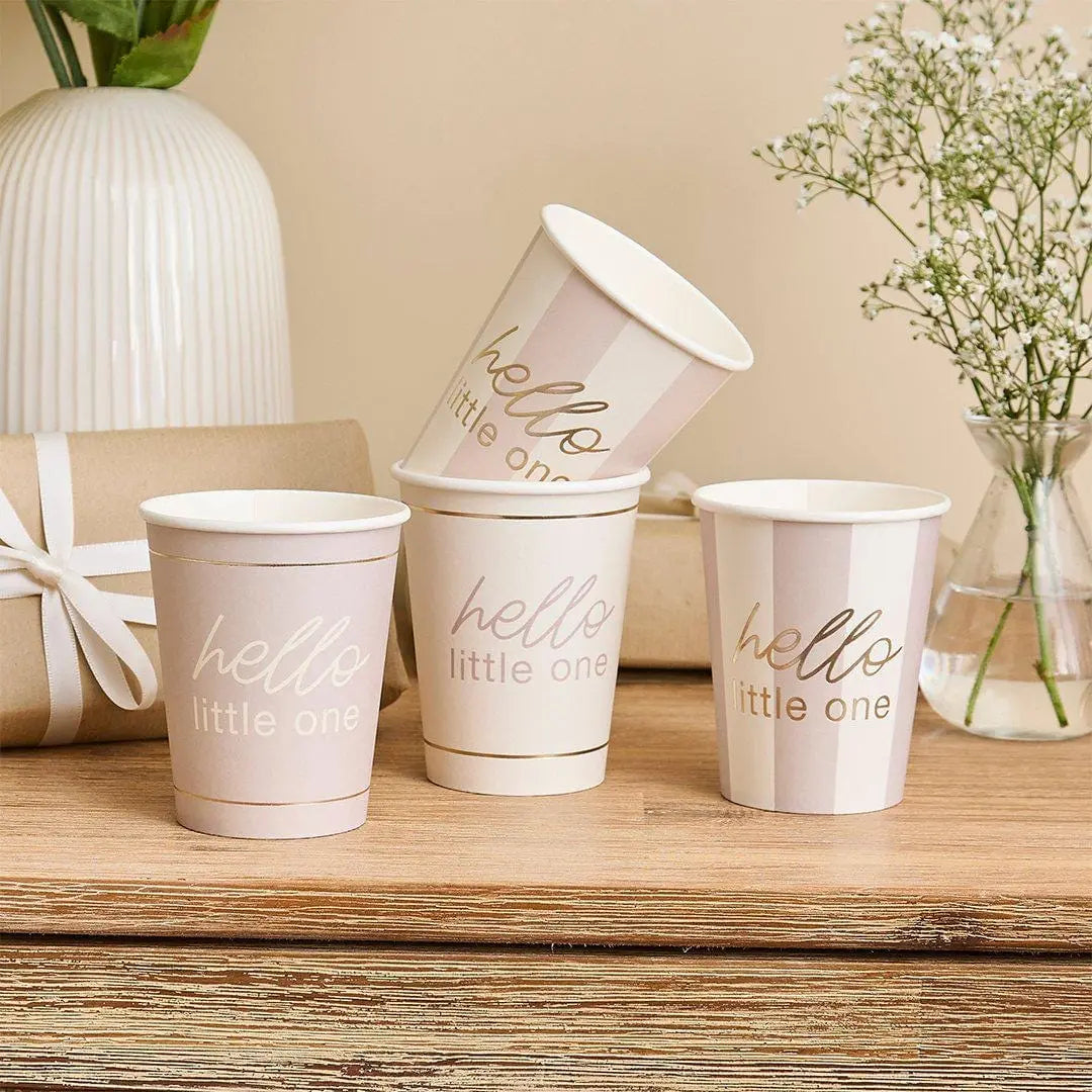 Baby Shower Cups - Hello Little One Gold Script Paper Cups - Gender Neutral Party Supplies - A Little Dream - Beige & Cream - Pack of 8 - Jolie Fete UK