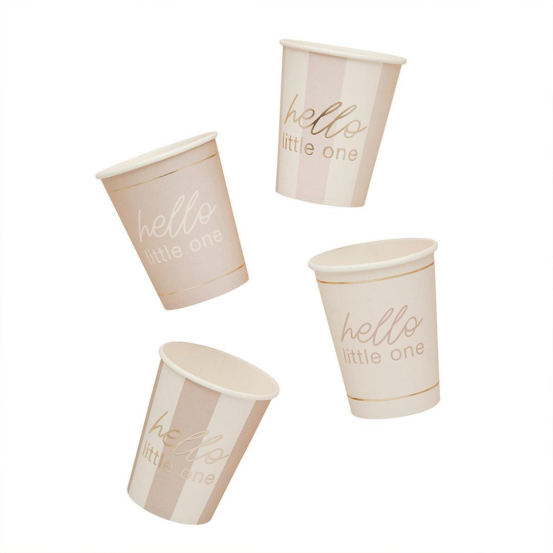 Baby Shower Cups - Hello Little One Gold Script Paper Cups - Gender Neutral Party Supplies - A Little Dream - Beige & Cream - Pack of 8 - Jolie Fete UK