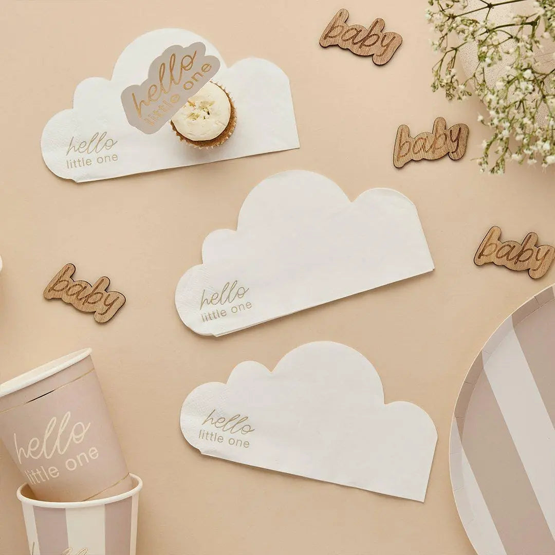 Baby Shower Napkins - Cloud Shaped Paper Napkins - Hello Little One Neutral Baby Shower Tableware - Beige and Cream - Pack of 16 - Jolie Fete UK