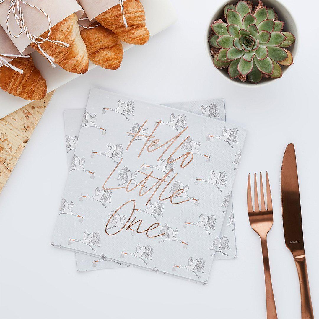 Baby Shower Napkins - Hello Little One - Rose Gold Foil Paper Napkins - Gender Neutral Table Decor - Stork & Polka Dot Theme - Pack Of 16 - Jolie Fete UK