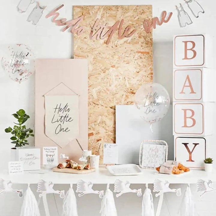 Baby Shower Paper Plates - Hello Little One - Rose Gold Foil Square Plates - Gender Neutral Party Tableware - Grey & White Decor - Pack Of 8 - Jolie Fete UK