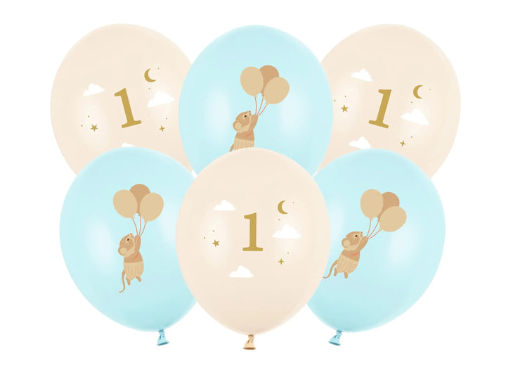 Mice 1st Birthday Balloons - Pastel Blue and Beige Balloon Bundle - Storybook Party - Neutral Milestone - One Little Mouse - Pack Of 6 - Jolie Fete UK