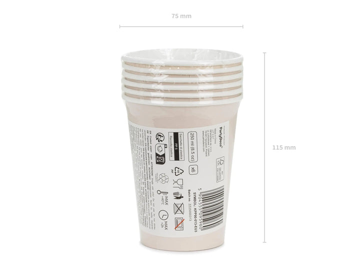 Beige Paper Cups 250ml - Neutral Disposable Party Drinkware - Minimalist Boho Birthday Supplies - Baby Shower - Earth Tone Cups - Pack of 6 - Jolie Fete UK