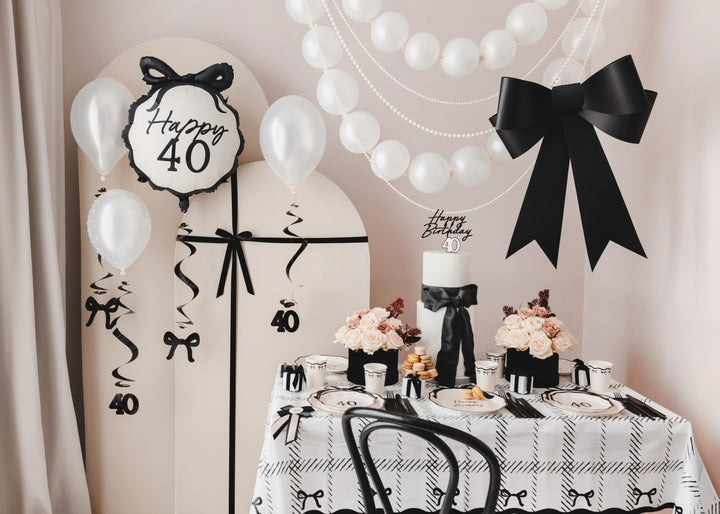 Black Bow Tablecloth - Cream & Black Disposable Table Cover - 180cm x 120cm - Elegant Coquette Style - Monochrome Birthday Party Decor - Jolie Fete UK