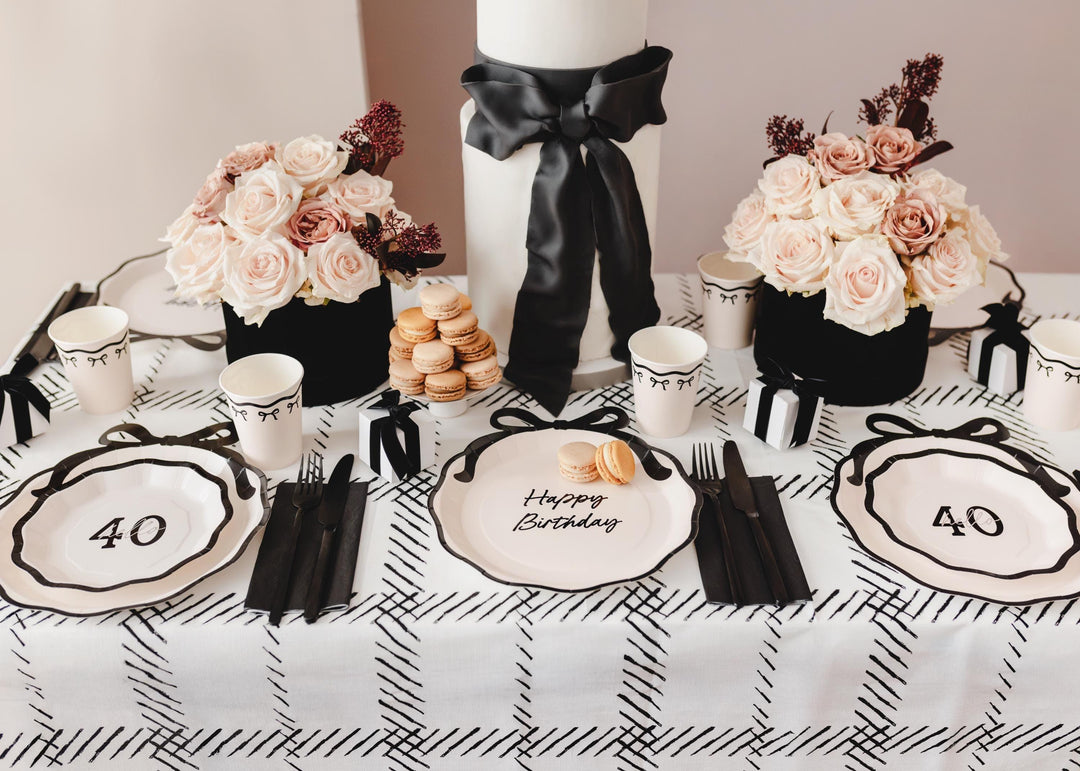 Black Bow Tablecloth - Cream & Black Disposable Table Cover - 180cm x 120cm - Elegant Coquette Style - Monochrome Birthday Party Decor - Jolie Fete UK