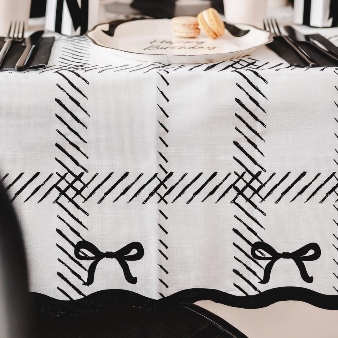 Black Bow Tablecloth - Cream & Black Disposable Table Cover - 180cm x 120cm - Elegant Coquette Style - Monochrome Birthday Party Decor - Jolie Fete UK