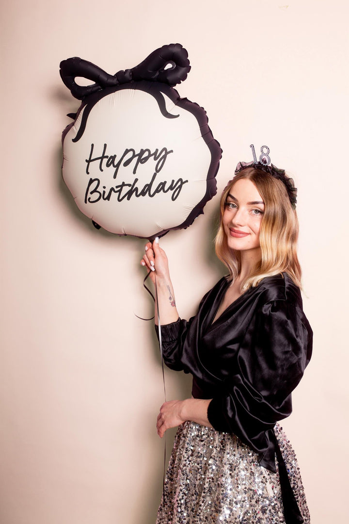 Happy Birthday Balloon - Black & Cream Bow Foil Balloon - Elegant Birthday Party Balloon - Coquette Theme-Scallop Edge And Bow-Helium Or Air - Jolie Fete UK