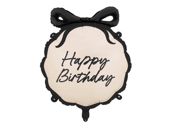 Happy Birthday Balloon - Black & Cream Bow Foil Balloon - Elegant Birthday Party Balloon - Coquette Theme-Scallop Edge And Bow-Helium Or Air - Jolie Fete UK