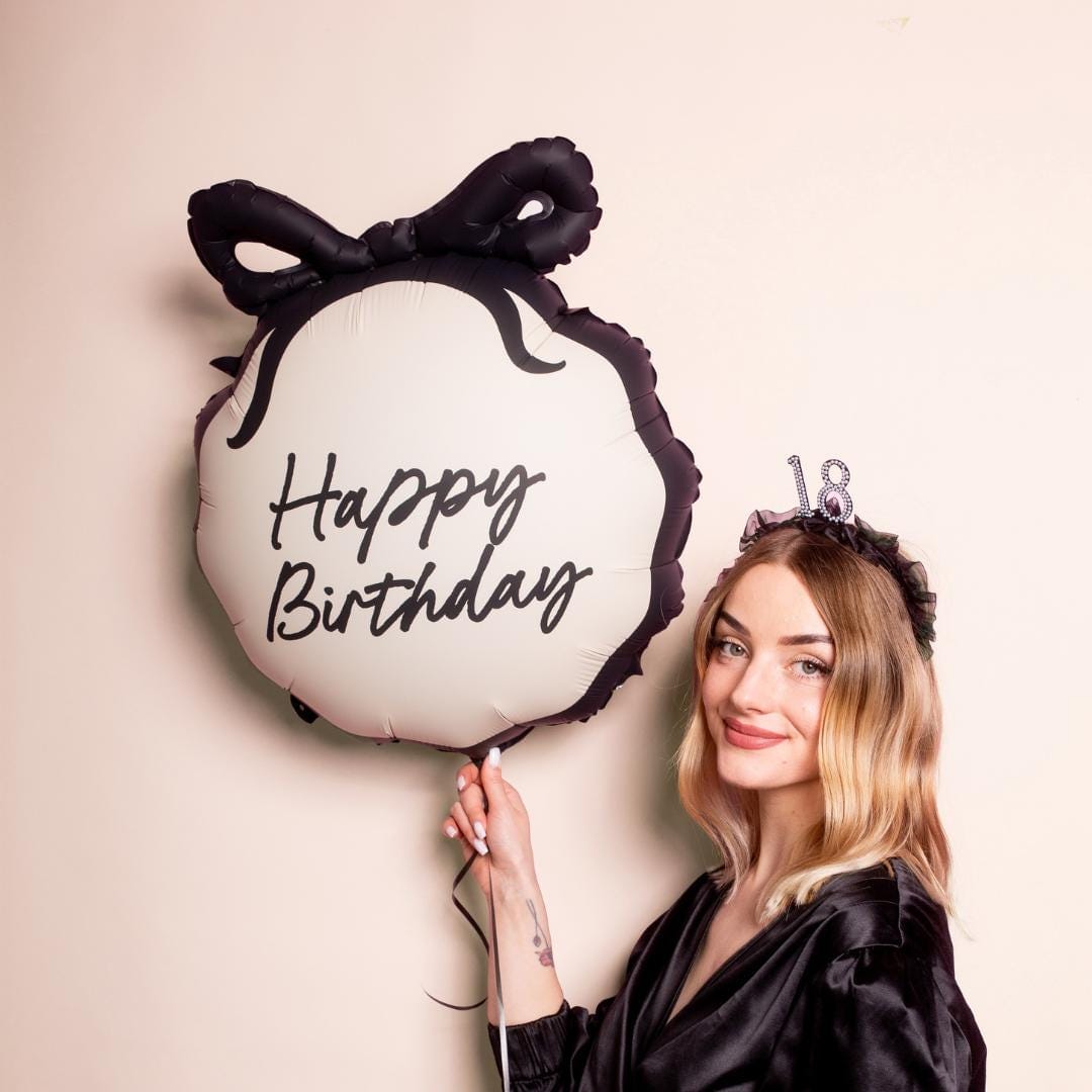Happy Birthday Balloon - Black & Cream Bow Foil Balloon - Elegant Birthday Party Balloon - Coquette Theme-Scallop Edge And Bow-Helium Or Air - Jolie Fete UK