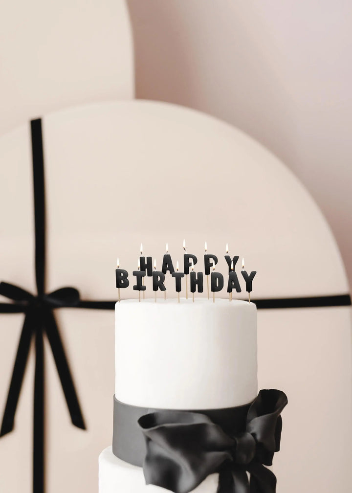 Black Happy Birthday Cake Candles - Black Cake Decorations - Plain Black Birthday Party Decor - Modern Monochrome Birthday-13 Letter Candles - Jolie Fete UK