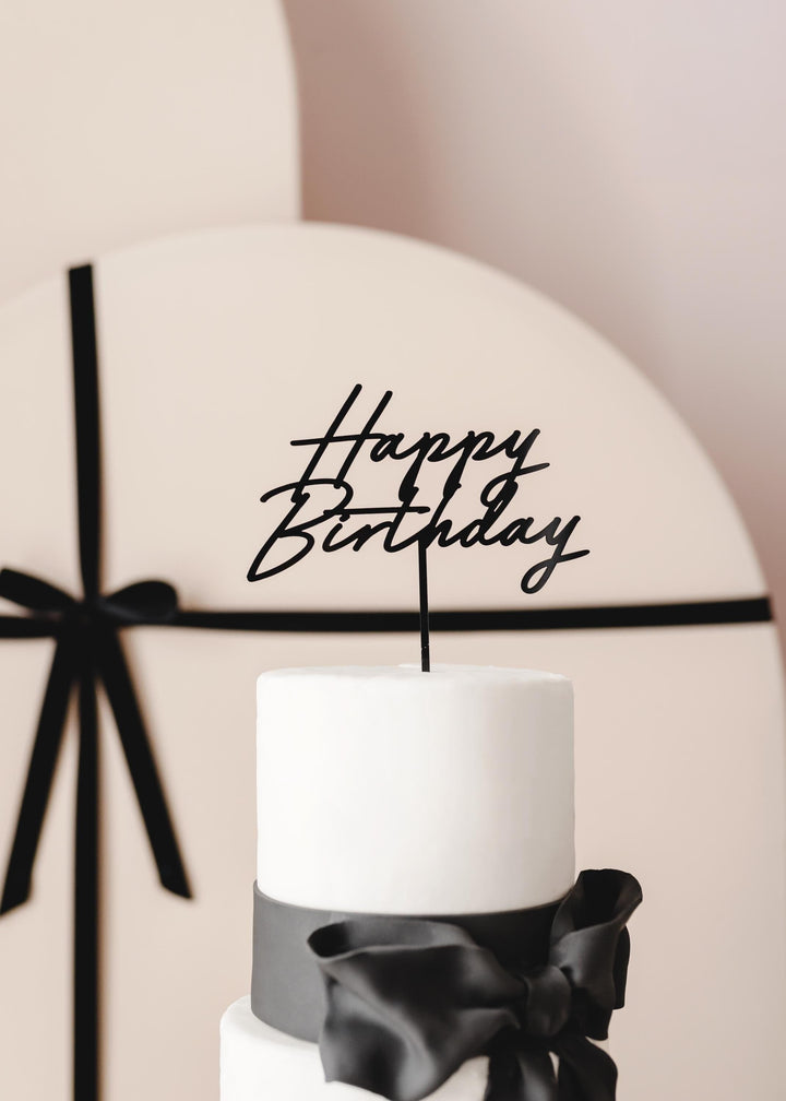 Black Happy Birthday Cake Topper – Birthday Party Cake Decoration - Birthday Sign For All Ages - Chic Monochrome Party Accessory - Jolie Fete UK