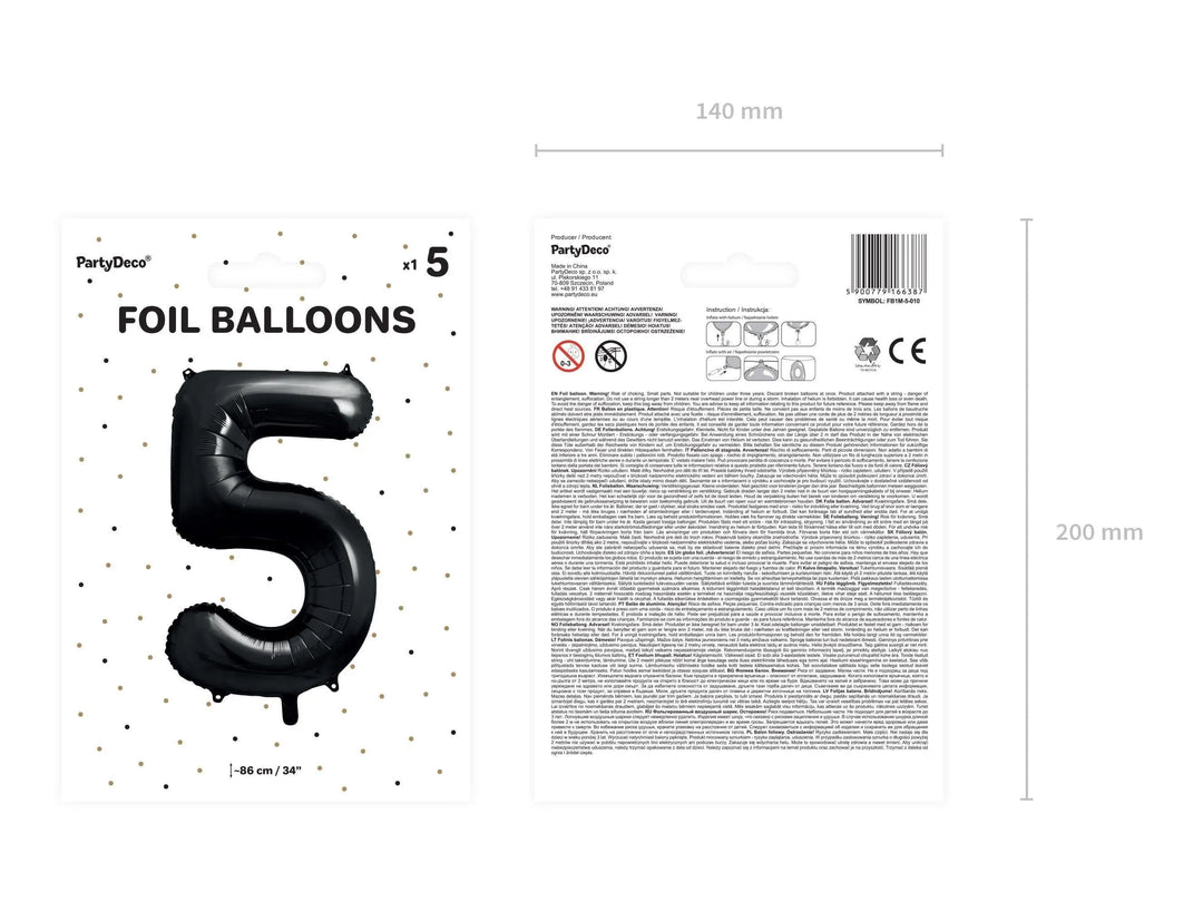 Black Number 5 Balloon 86cm / 34" - Large Matt Black Foil Mylar Digit - 50th Birthday Balloon - 5th - Anniversary Party Supplies - Jolie Fete UK