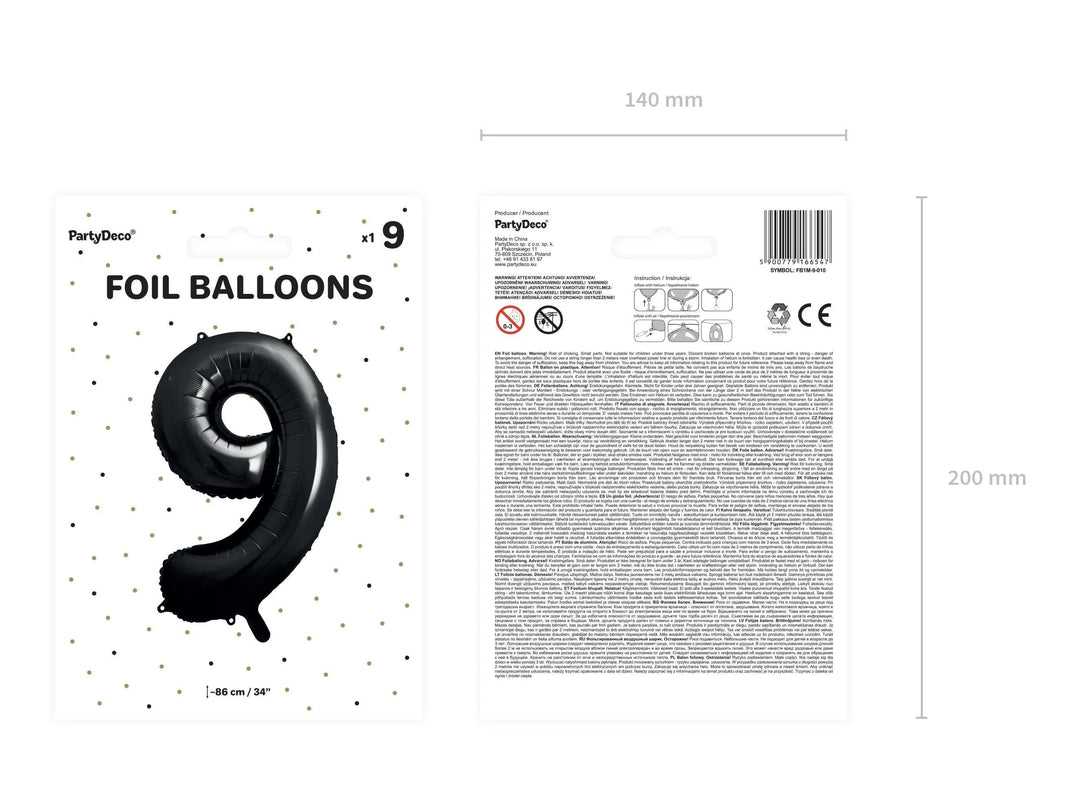 Black Number 9 Balloon 86cm / 34" - Large Matt Black Foil Mylar Digit - 90th Birthday Balloon - 9th - Anniversary Party Supplies - Jolie Fete UK