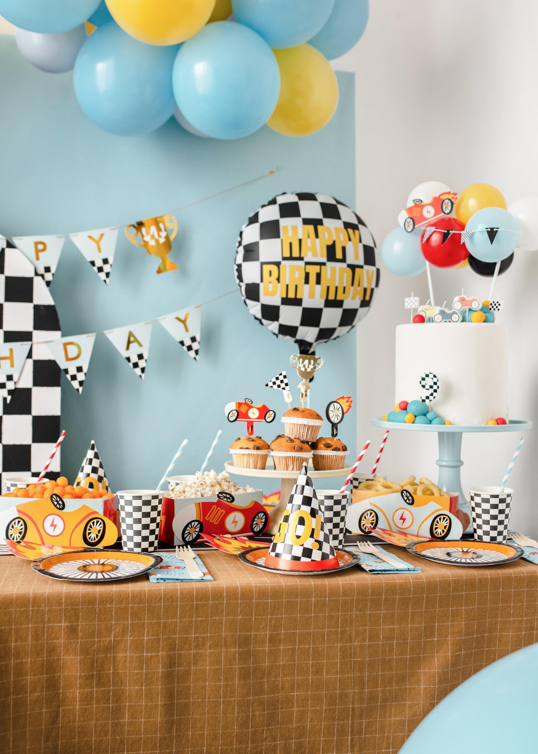 Happy Birthday Foil Balloon - Black & White Checkered Balloon - Racing Car Party Balloon - Formula 1 Party - Helium Or Air Inflation - 18" - Jolie Fete UK