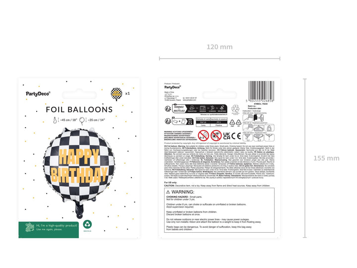 Happy Birthday Foil Balloon - Black & White Checkered Balloon - Racing Car Party Balloon - Formula 1 Party - Helium Or Air Inflation - 18" - Jolie Fete UK