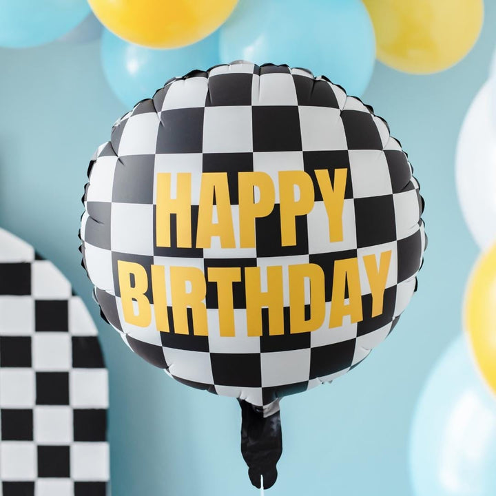 Happy Birthday Foil Balloon - Black & White Checkered Balloon - Racing Car Party Balloon - Formula 1 Party - Helium Or Air Inflation - 18" - Jolie Fete UK