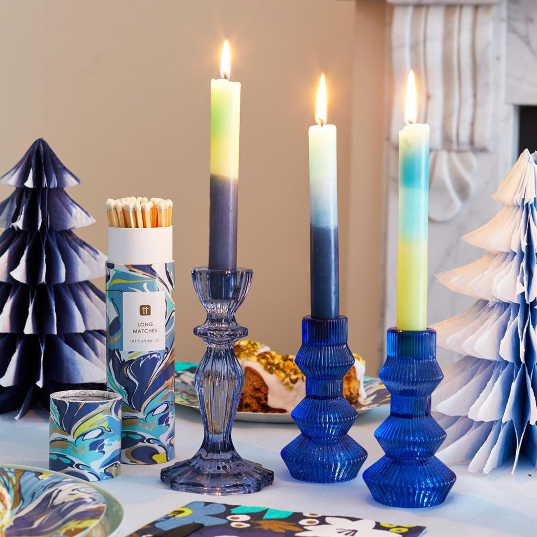 Blue Glass Candle Holder - Dinner Candlestick Holder - Party Table Decorations - Boho Style - Jolie Fete UK