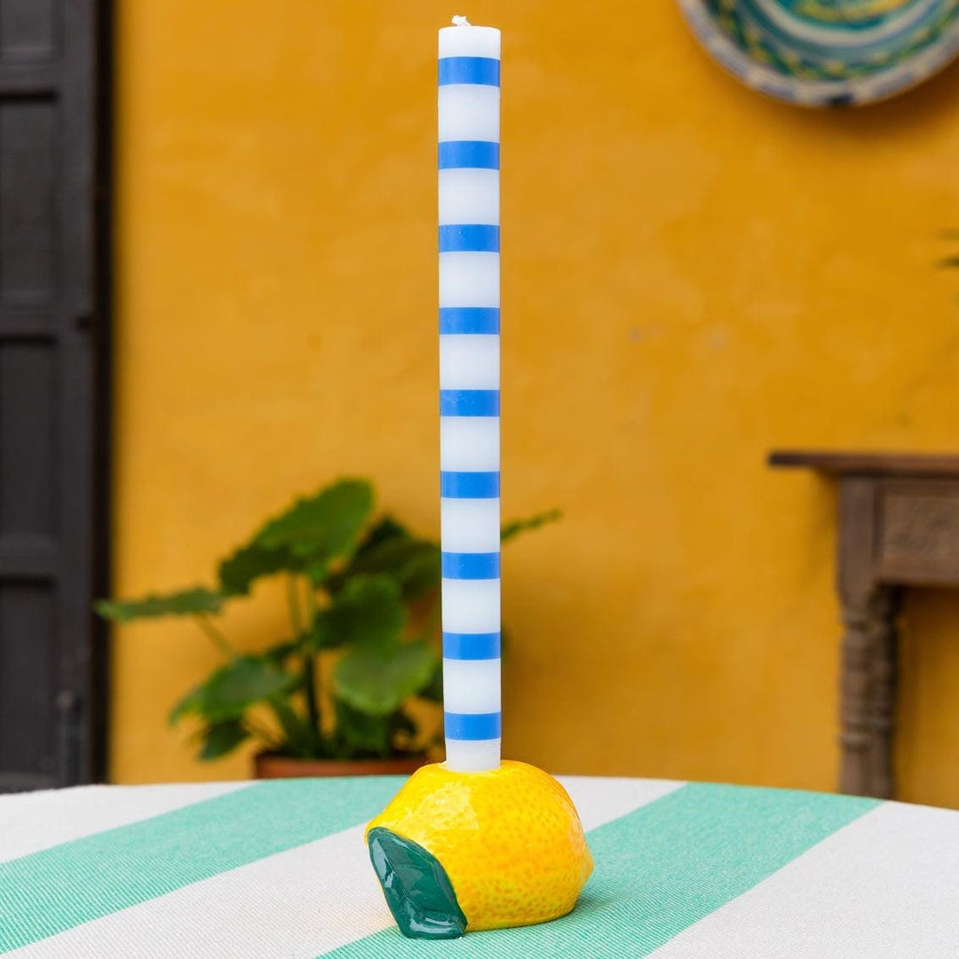 Blue & White Stripe Dinner Candle - Party Tableware - Nautical Coastal Table Setting - Striped Tall Candlestick - Jolie Fete UK