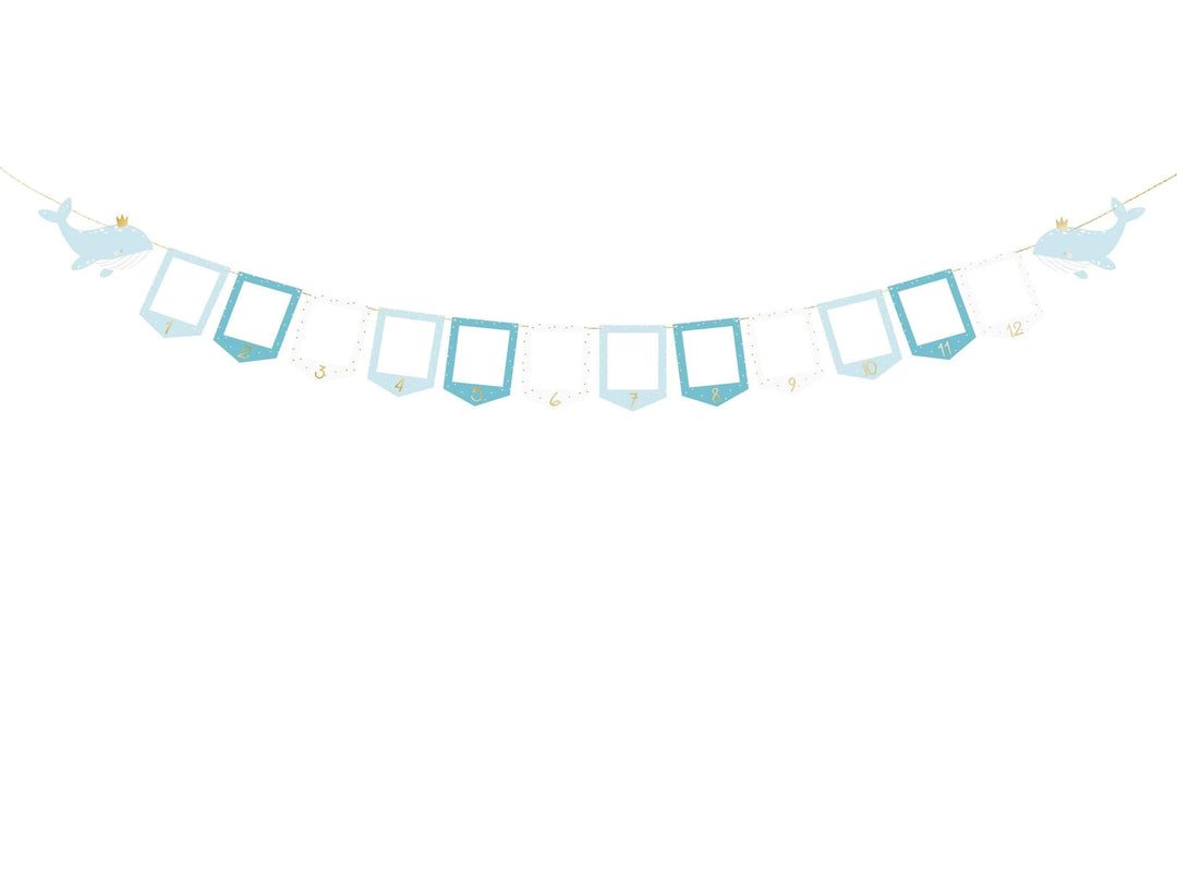 Blue & White Whale Picture Frame Garland - Monthly Baby Milestone Banner - Nautical First Birthday Decor - Ocean Theme Photo Display - Jolie Fete UK