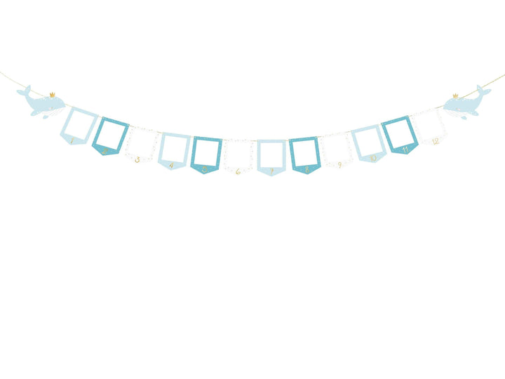 Blue & White Whale Picture Frame Garland - Monthly Baby Milestone Banner - Nautical First Birthday Decor - Ocean Theme Photo Display - Jolie Fete UK