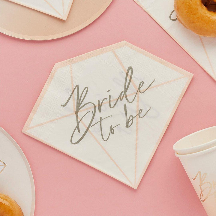 Bride To Be Paper Napkins - Diamond Shaped Hen Party Napkins - White & Pink Tableware - Engagement Party Decor - Bride Tribe - Pack of 16 - Jolie Fete UK