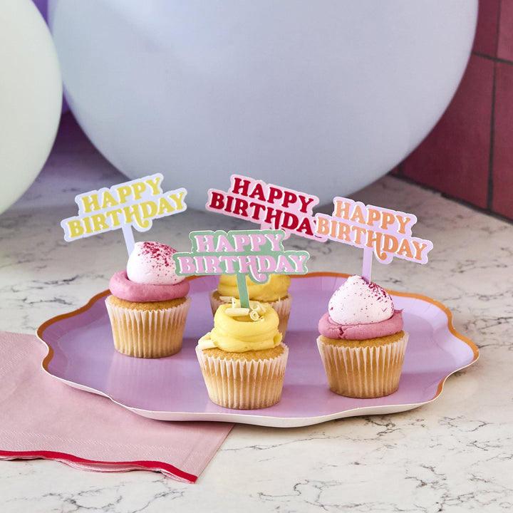 Bright Cake Toppers - Happy Birthday Cupcake Toppers - Colourful Birthday - Birthday Party Decorations - Rainbow Party Decor - Pack Of 12 - Jolie Fete UK