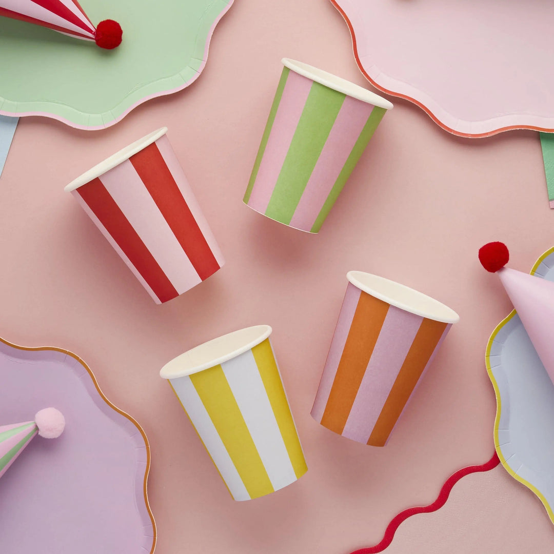 Bright Paper Cups - Striped Party Cups - Colourful Birthday - Birthday Party Decorations - Rainbow Party Decor - Pack Of 8 - Jolie Fete UK