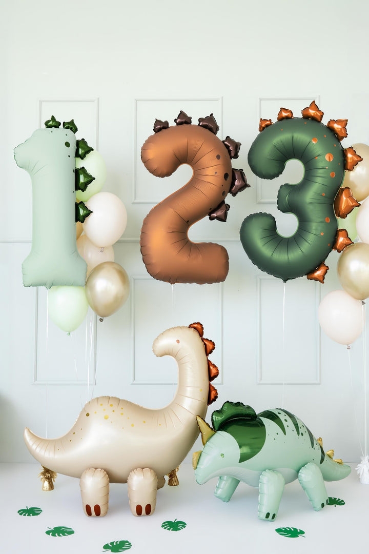 Brown Number 2 Dinosaur Foil Balloon - Large 92cm Stegosaurus Theme Birthday Decor - Two Rex Party Supplies - Second Birthday Photo Prop - Jolie Fete UK